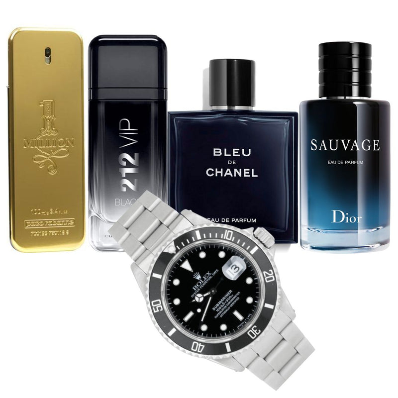 Kit 4 PERFUMES ONE MILLION + SAUVAGE + VIPBLACK + BLEU + RELOJ ROLEX SUB